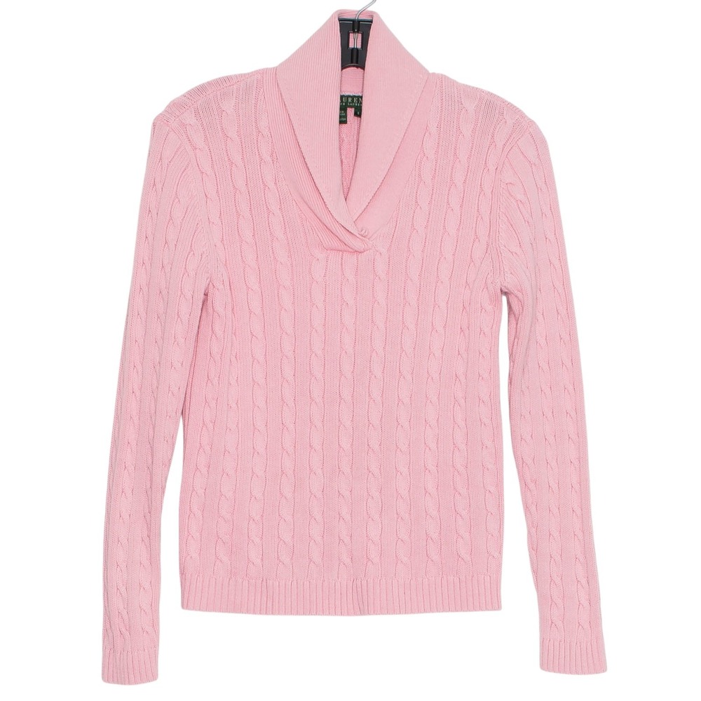 Ralph Laurenโ Cable Knit Sweater Pink Shawl Collar Preppy Old Money Coastal S
